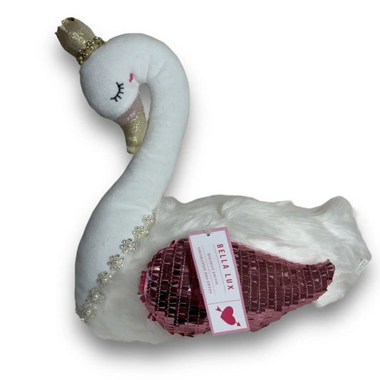 Bella Lux White Swan Plush Shelf Sitter Pink White Beanbag Sparkly 13x13 - Trendiez U ♥ 