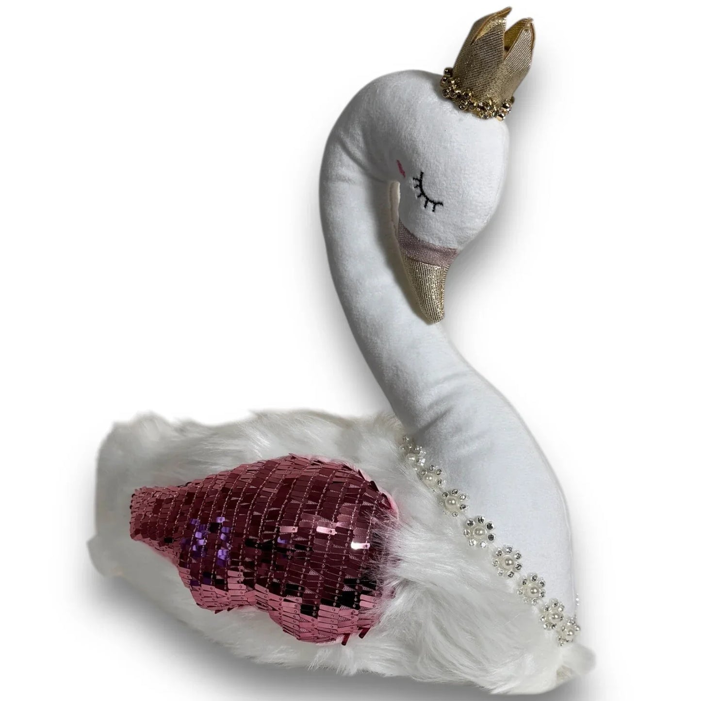 Bella Lux White Swan Plush Shelf Sitter Pink White Beanbag Sparkly 13x13 - Trendiez U ♥ 