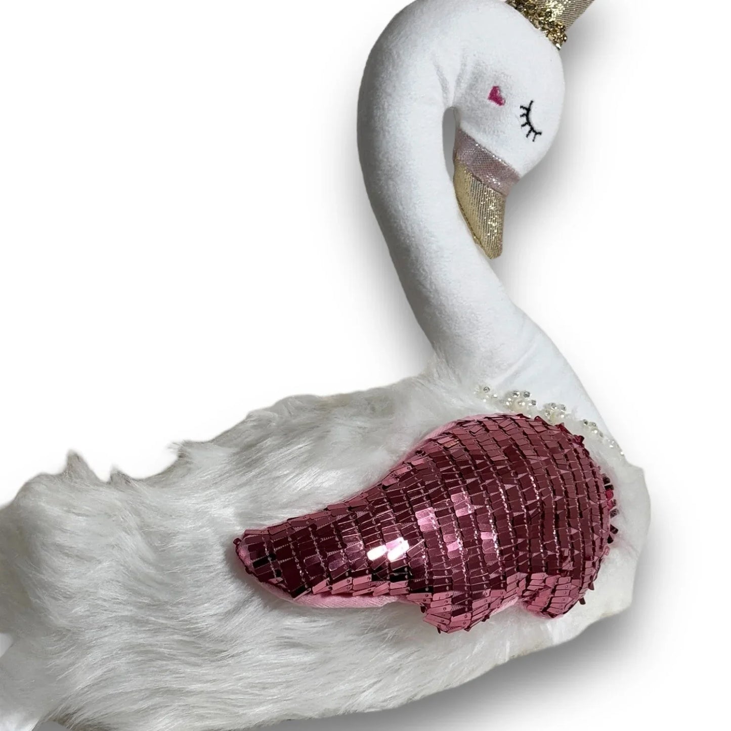 Bella Lux White Swan Plush Shelf Sitter Pink White Beanbag Sparkly 13x13 - Trendiez U ♥ 