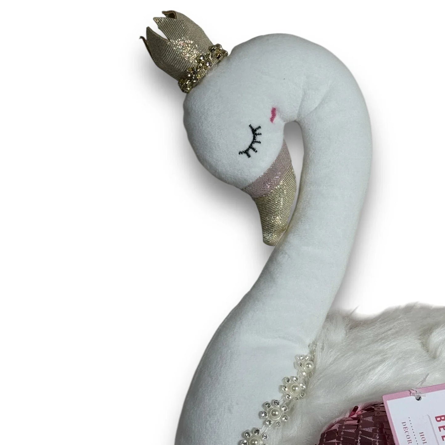 Bella Lux White Swan Plush Shelf Sitter Pink White Beanbag Sparkly 13x13 - Trendiez U ♥ 