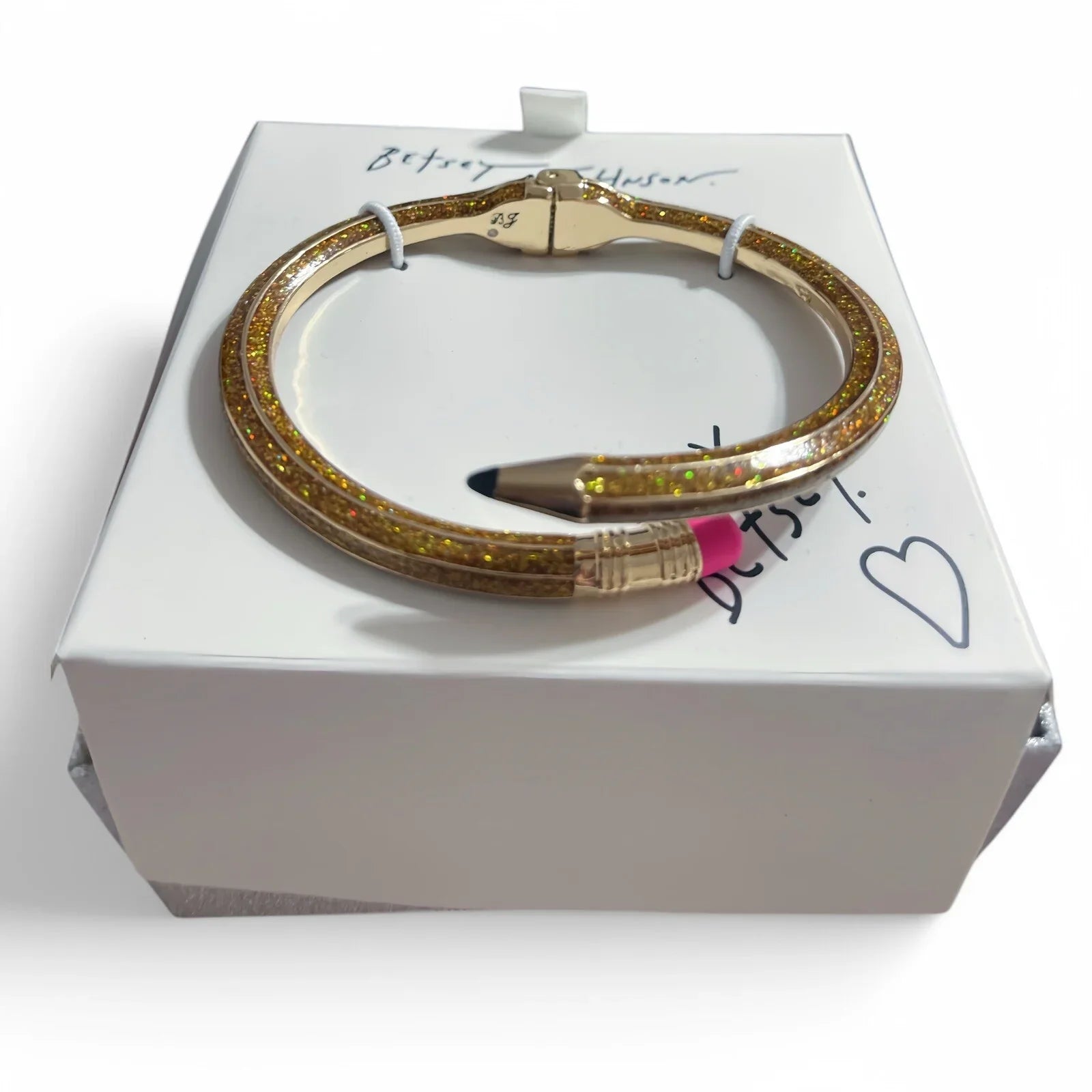 Betsey Johnson Gold Glitter Pencil Hinged Cuff Bracelet School Teacher Gift NIB - Trendiez U ♥ 