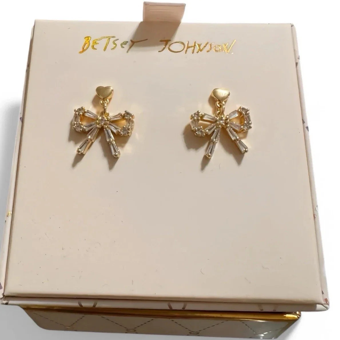 Betsey Johnson Golden Christmas Bow Tie Rhinestone Dangly Stud Earrings NWT RARE - Trendiez U ♥ 
