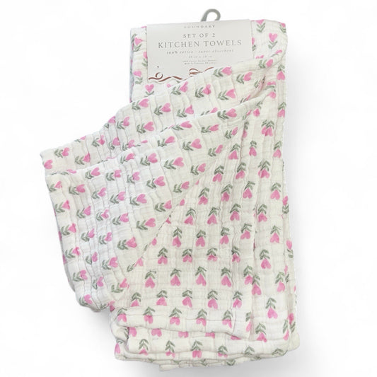 Boundary Pink Floral Hearts 100% Cotton Absorbent Kitchen Towels - Trendiez U ♥ 