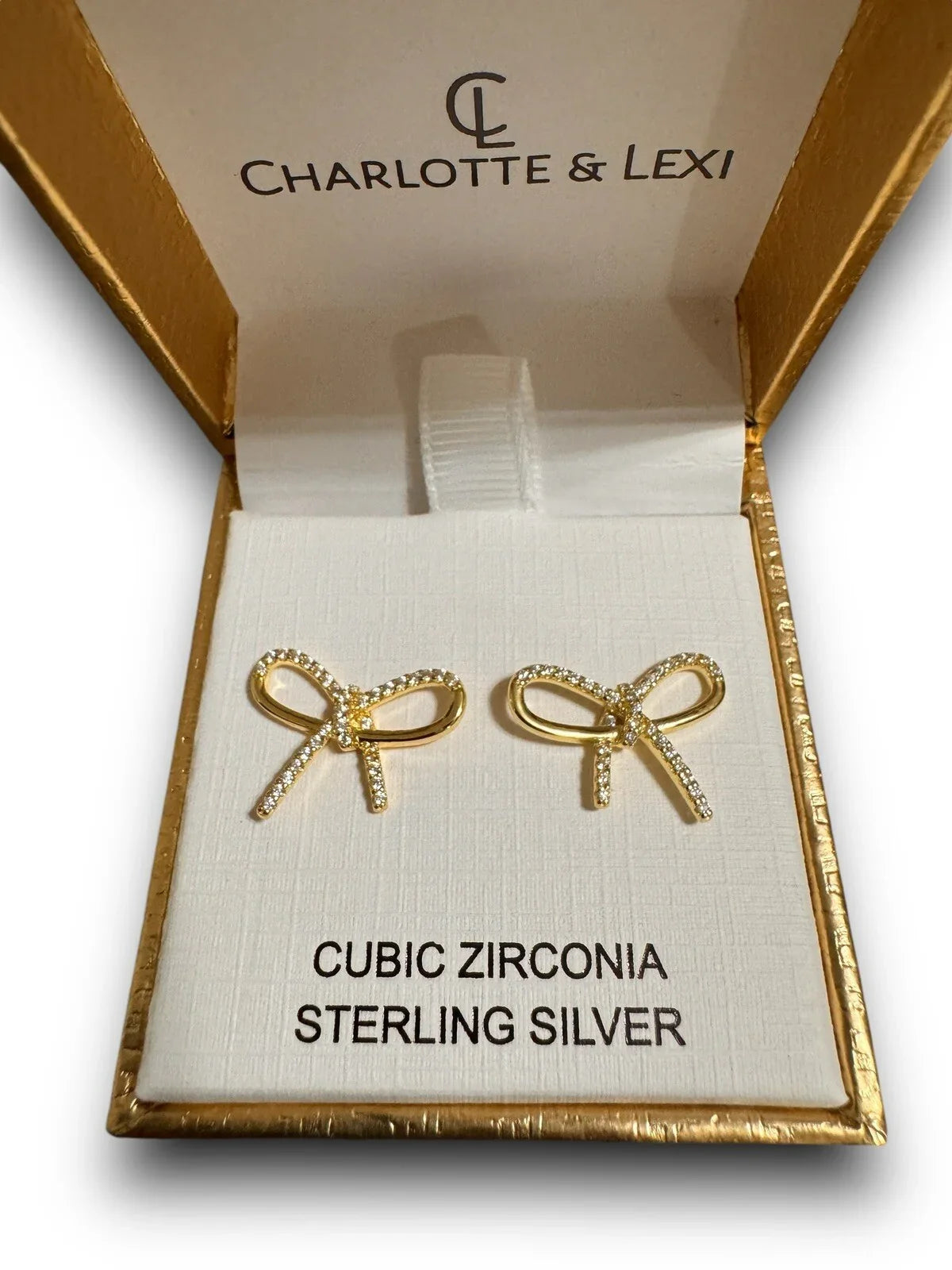 Bow Necklace Earrings Set CZ 925 Sterling Silver Gold Tone Jewelry Gift Set - Trendiez U ♥ 
