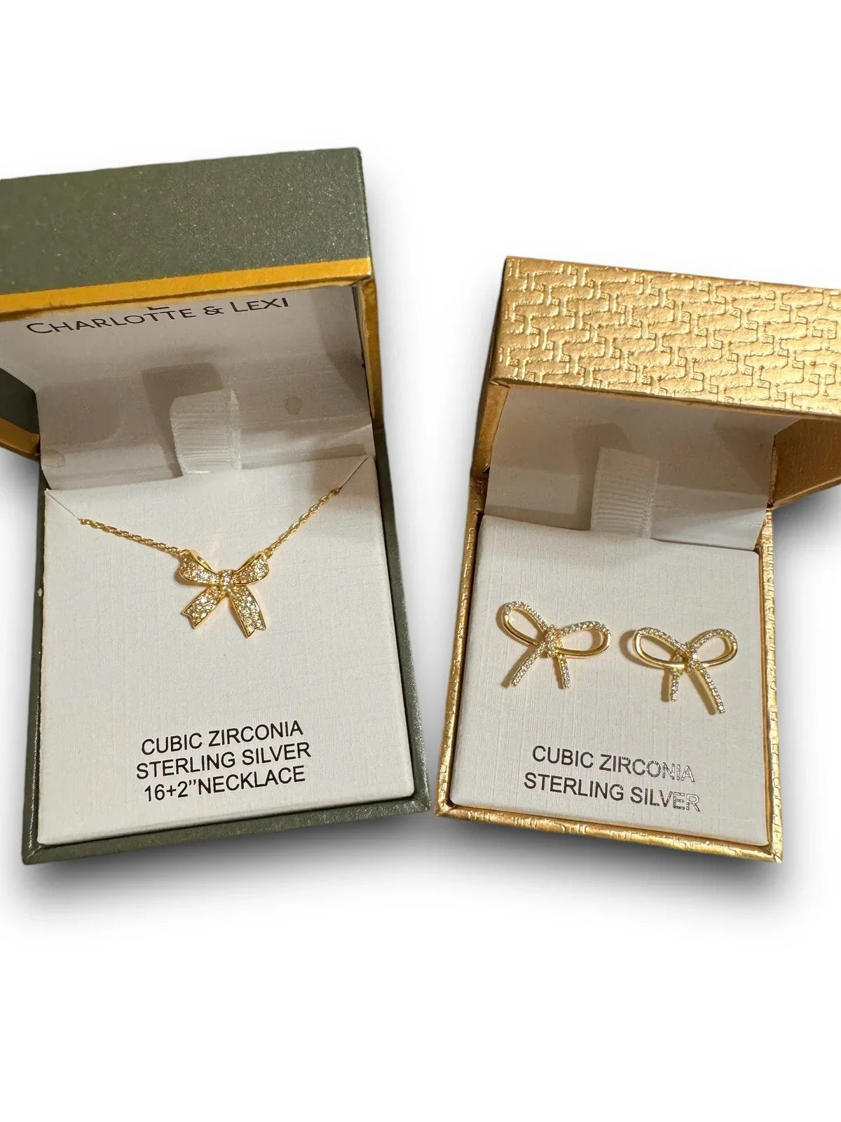 Bow Necklace Earrings Set CZ 925 Sterling Silver Gold Tone Jewelry Gift Set - Trendiez U ♥ 