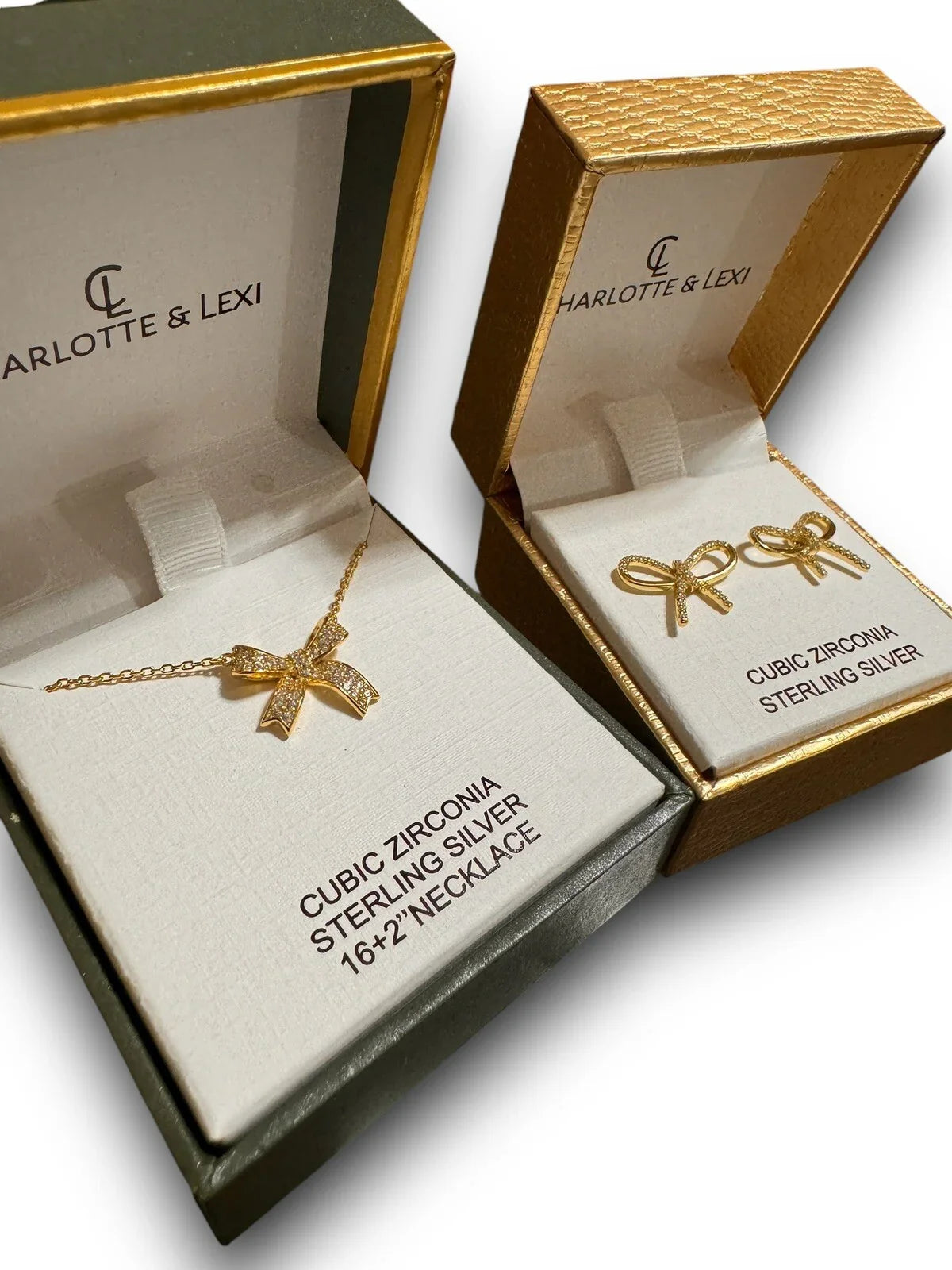 Bow Necklace Earrings Set CZ 925 Sterling Silver Gold Tone Jewelry Gift Set - Trendiez U ♥ 