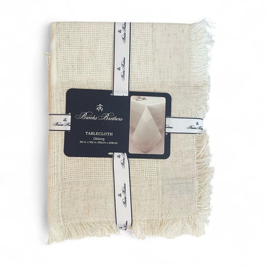 Brooks Brothers Cream Tablecloth Oblong 60”x102” Fringed Trims Classic Elegant - Trendiez U ♥ 