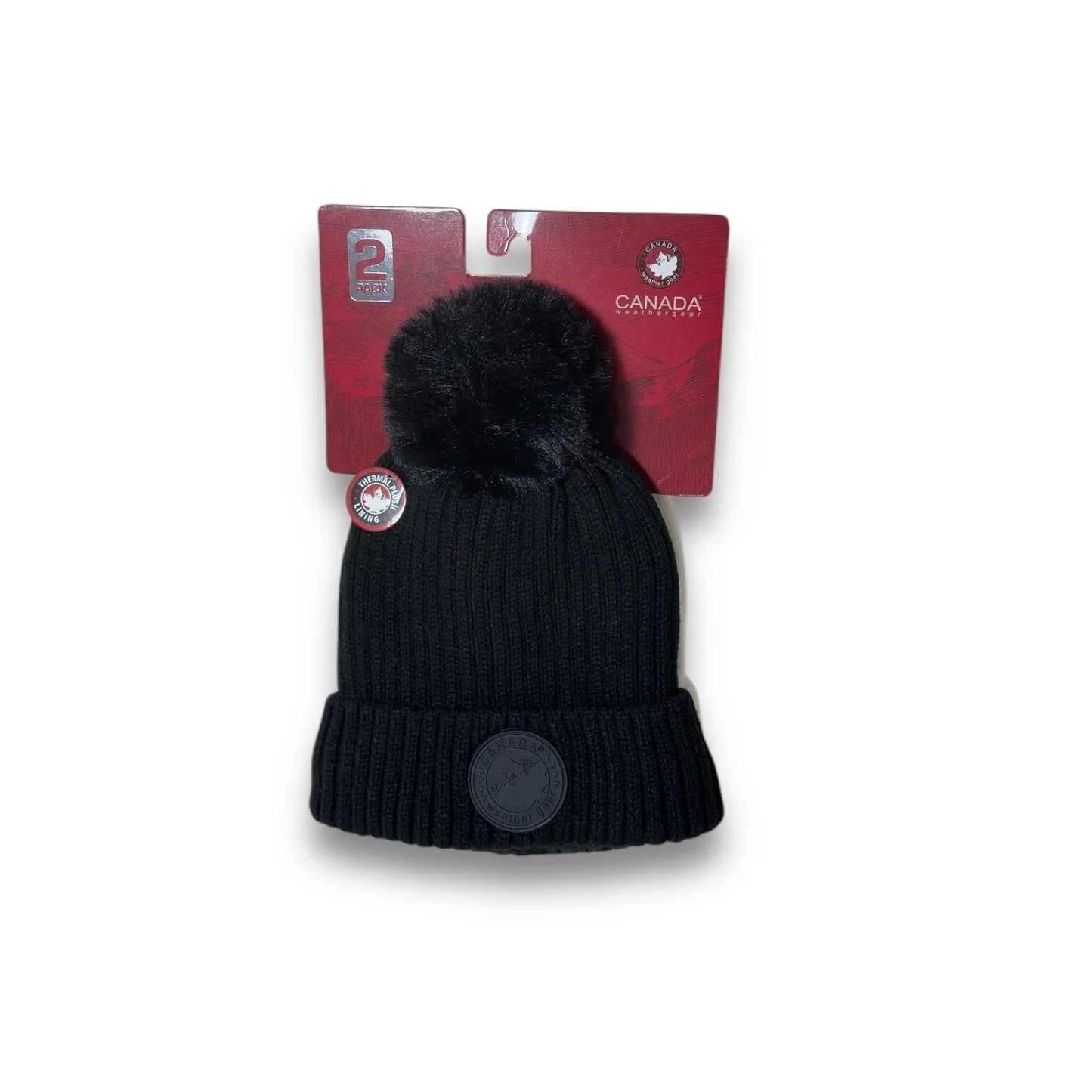 CANADA WEATHER GEAR THERMAL PLUSH BEANIE HATS SET BLACK POM POM & WHITE NWT - Trendiez U ♥ 