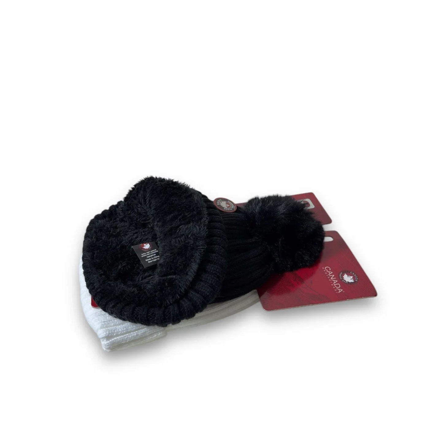 CANADA WEATHER GEAR THERMAL PLUSH BEANIE HATS SET BLACK POM POM & WHITE NWT - Trendiez U ♥ 
