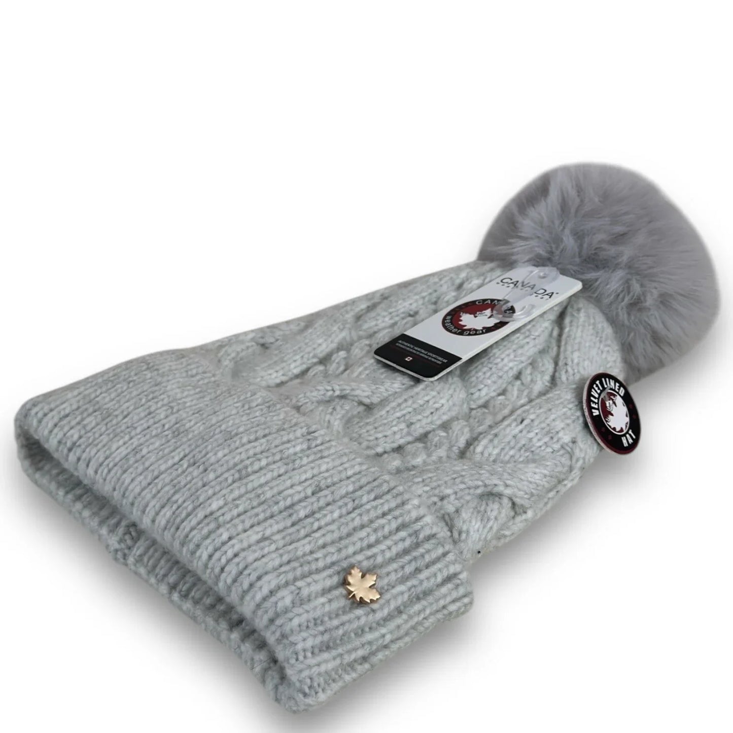 CANADA WEATHER GEAR THERMAL VELVET BEANIE HAT LIGHT GRAY POM POM BRAIDED HAT - Trendiez U ♥ 