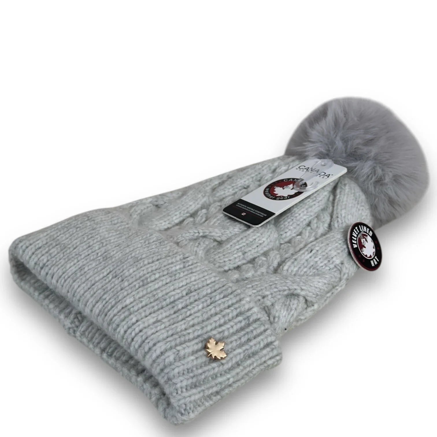 CANADA WEATHER GEAR THERMAL VELVET BEANIE HAT LIGHT GRAY POM POM BRAIDED HAT - Trendiez U ♥ 