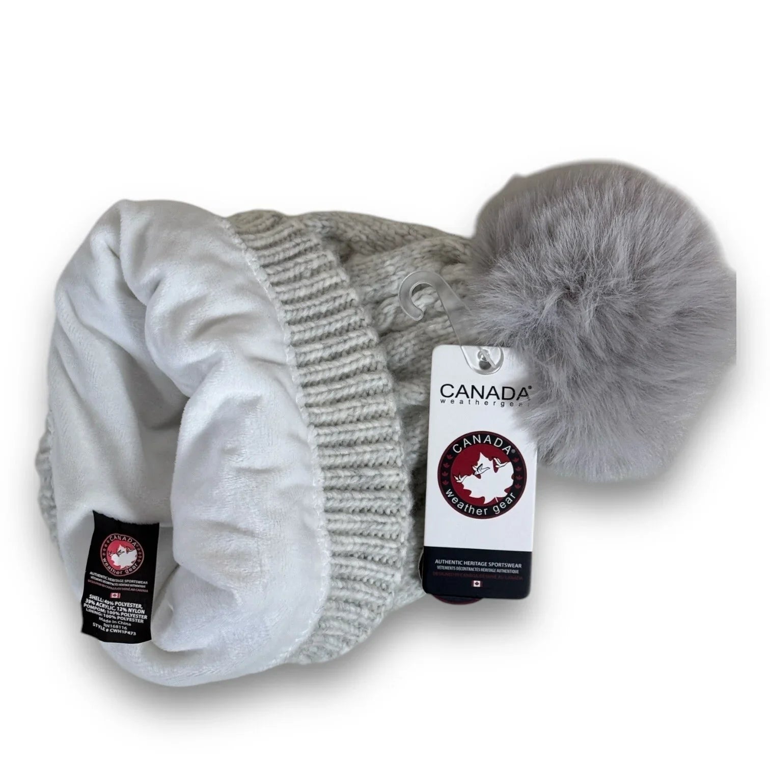 CANADA WEATHER GEAR THERMAL VELVET BEANIE HAT LIGHT GRAY POM POM BRAIDED HAT - Trendiez U ♥ 