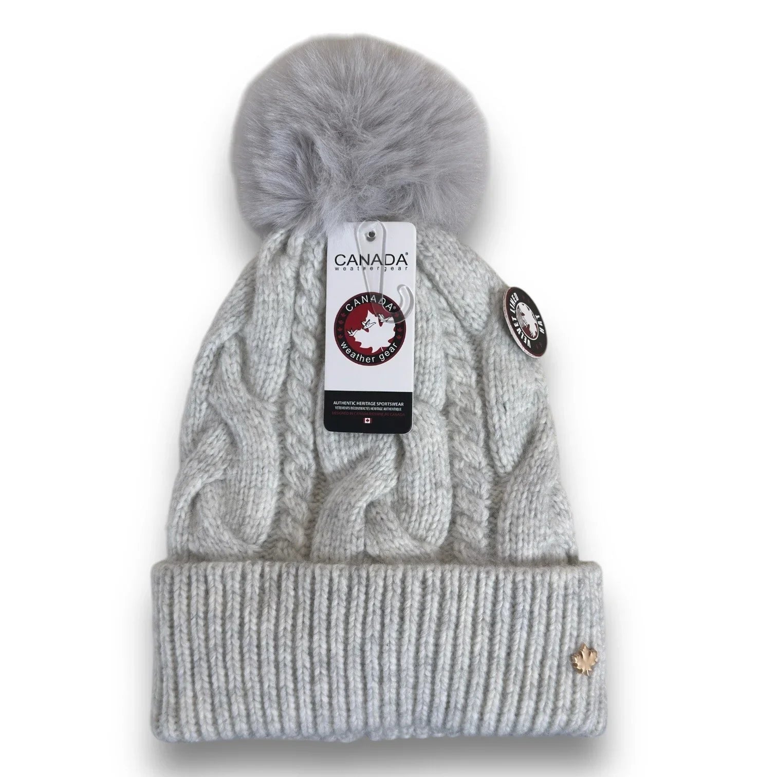 CANADA WEATHER GEAR THERMAL VELVET BEANIE HAT LIGHT GRAY POM POM BRAIDED HAT - Trendiez U ♥ 