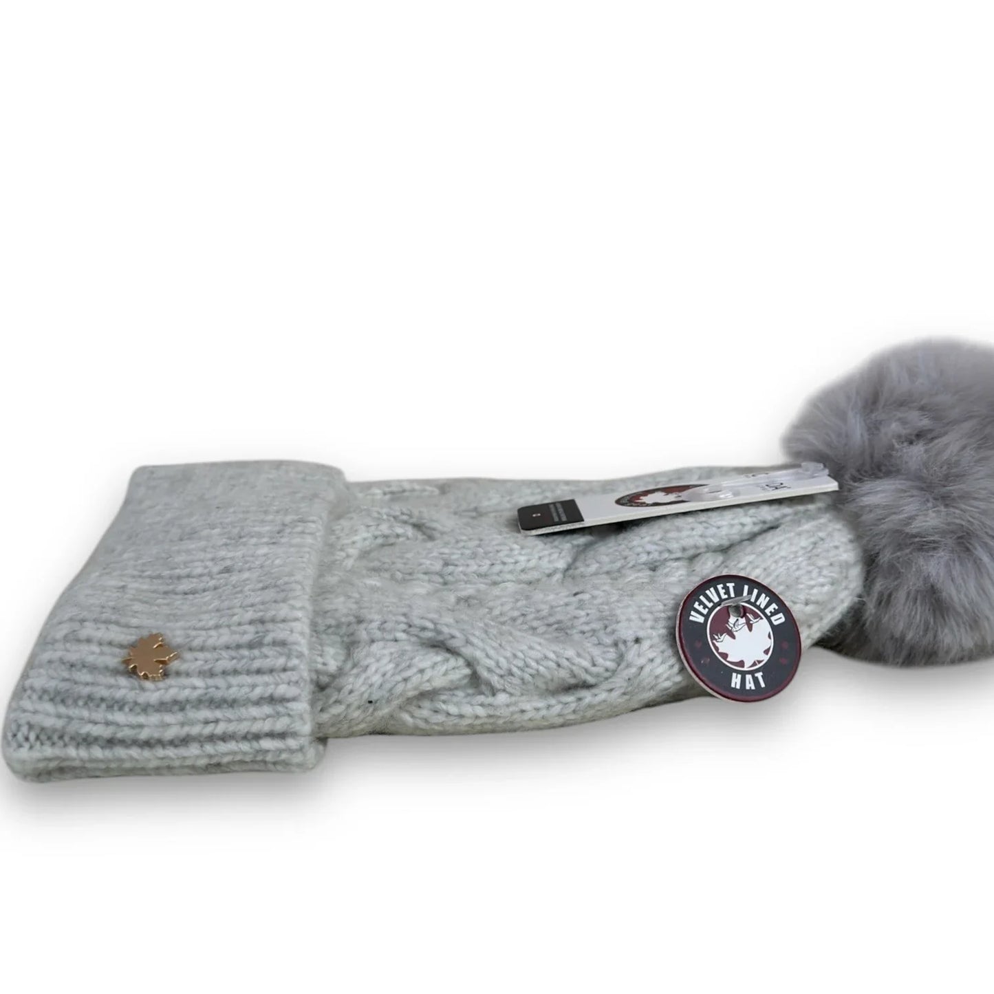 CANADA WEATHER GEAR THERMAL VELVET BEANIE HAT LIGHT GRAY POM POM BRAIDED HAT - Trendiez U ♥ 