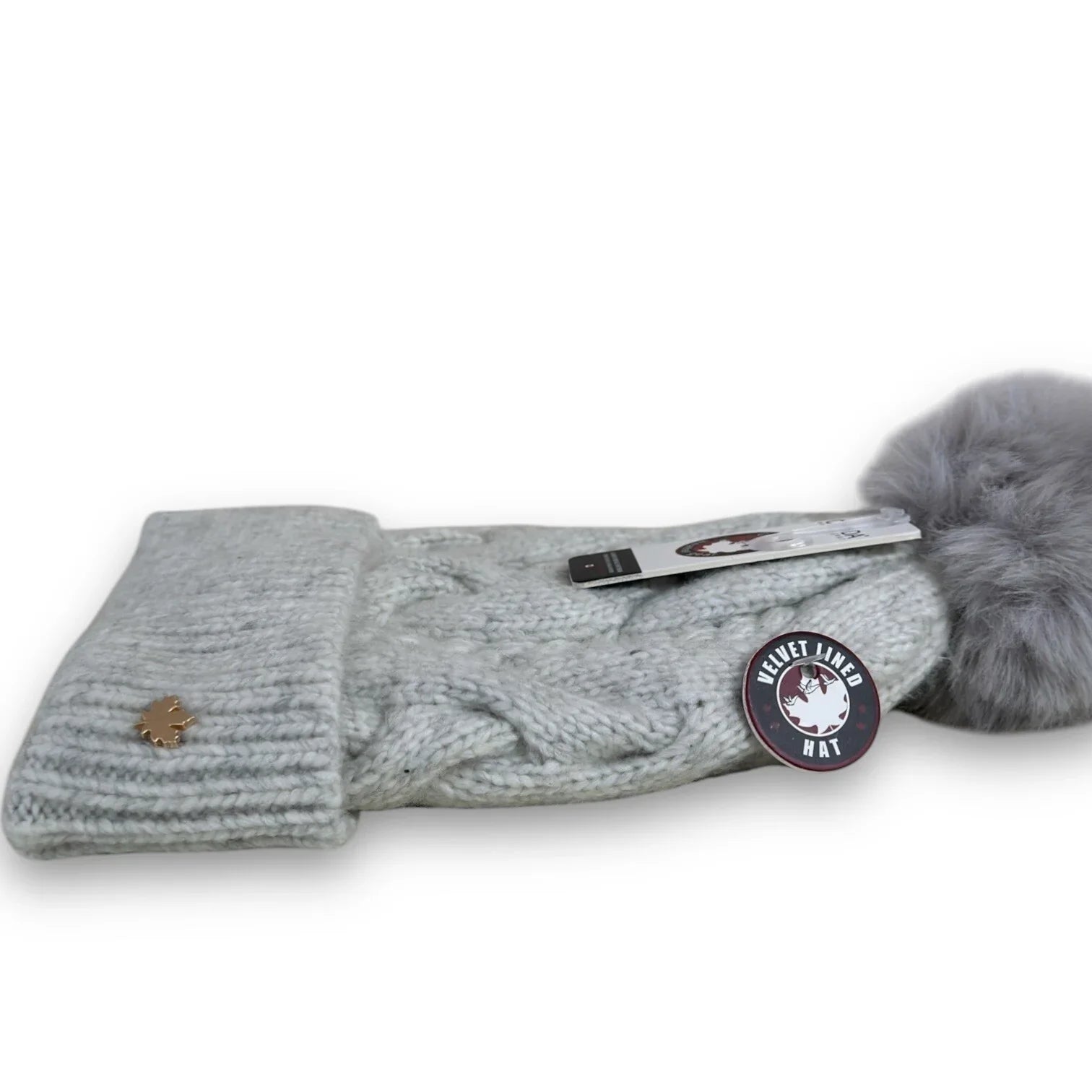 CANADA WEATHER GEAR THERMAL VELVET BEANIE HAT LIGHT GRAY POM POM BRAIDED HAT - Trendiez U ♥ 
