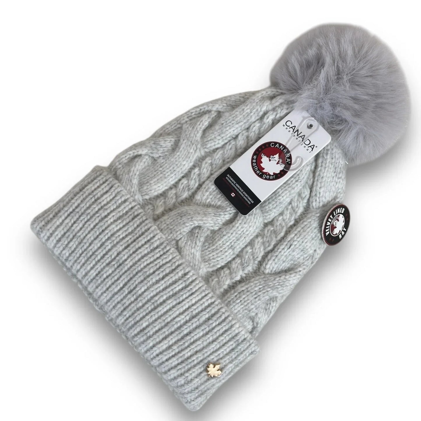 CANADA WEATHER GEAR THERMAL VELVET BEANIE HAT LIGHT GRAY POM POM BRAIDED HAT - Trendiez U ♥ 