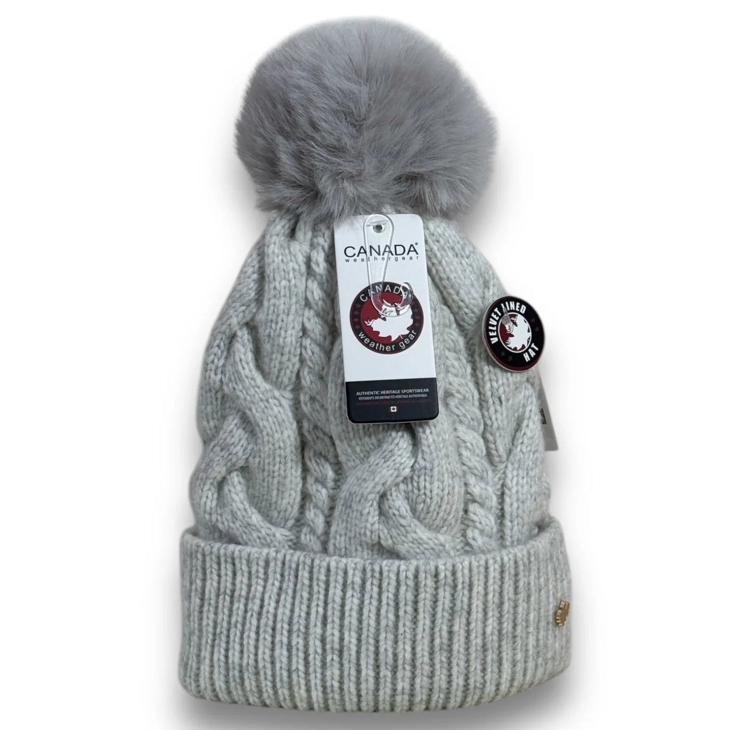 CANADA WEATHER GEAR THERMAL VELVET BEANIE HAT LIGHT GRAY POM POM BRAIDED HAT - Trendiez U ♥ 