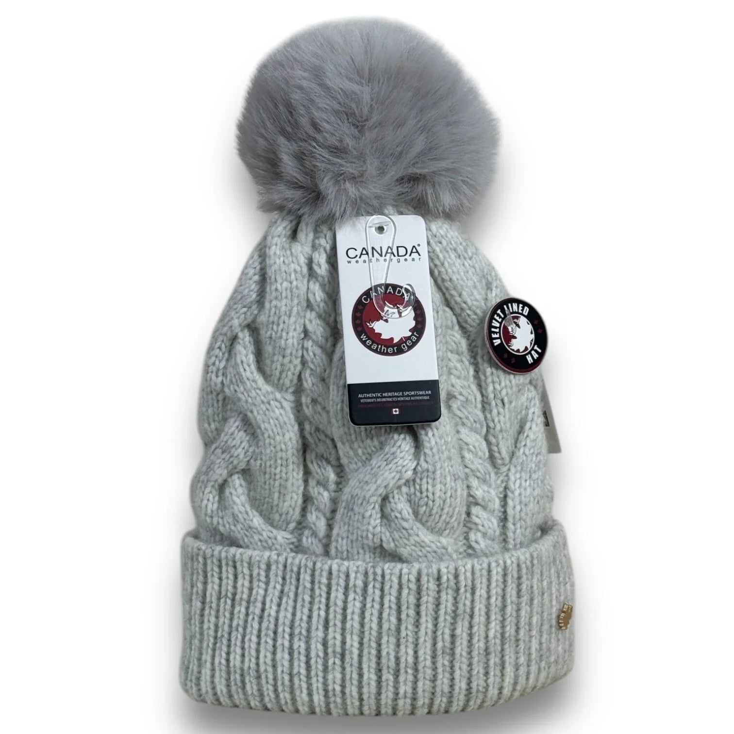 CANADA WEATHER GEAR THERMAL VELVET BEANIE HAT LIGHT GRAY POM POM BRAIDED HAT - Trendiez U ♥ 