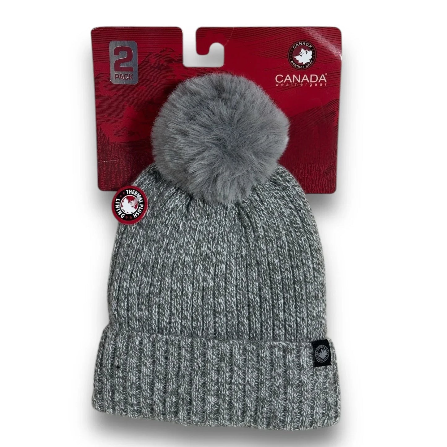 CANADA WEATHER GEAR WARM THERMAL PLUSH BEANIE HAT 2 Pc SET GRAY POM POM & PINK - Trendiez U ♥ 