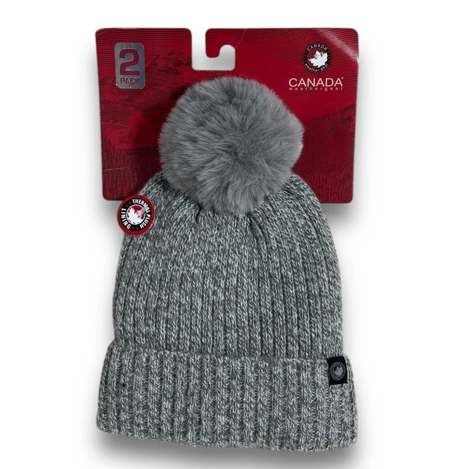 CANADA WEATHER GEAR WARM THERMAL PLUSH BEANIE HAT 2 Pc SET GRAY POM POM & PINK - Trendiez U ♥ 