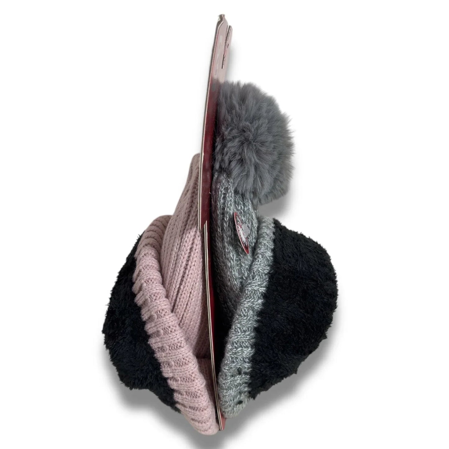 CANADA WEATHER GEAR WARM THERMAL PLUSH BEANIE HAT 2 Pc SET GRAY POM POM & PINK - Trendiez U ♥ 