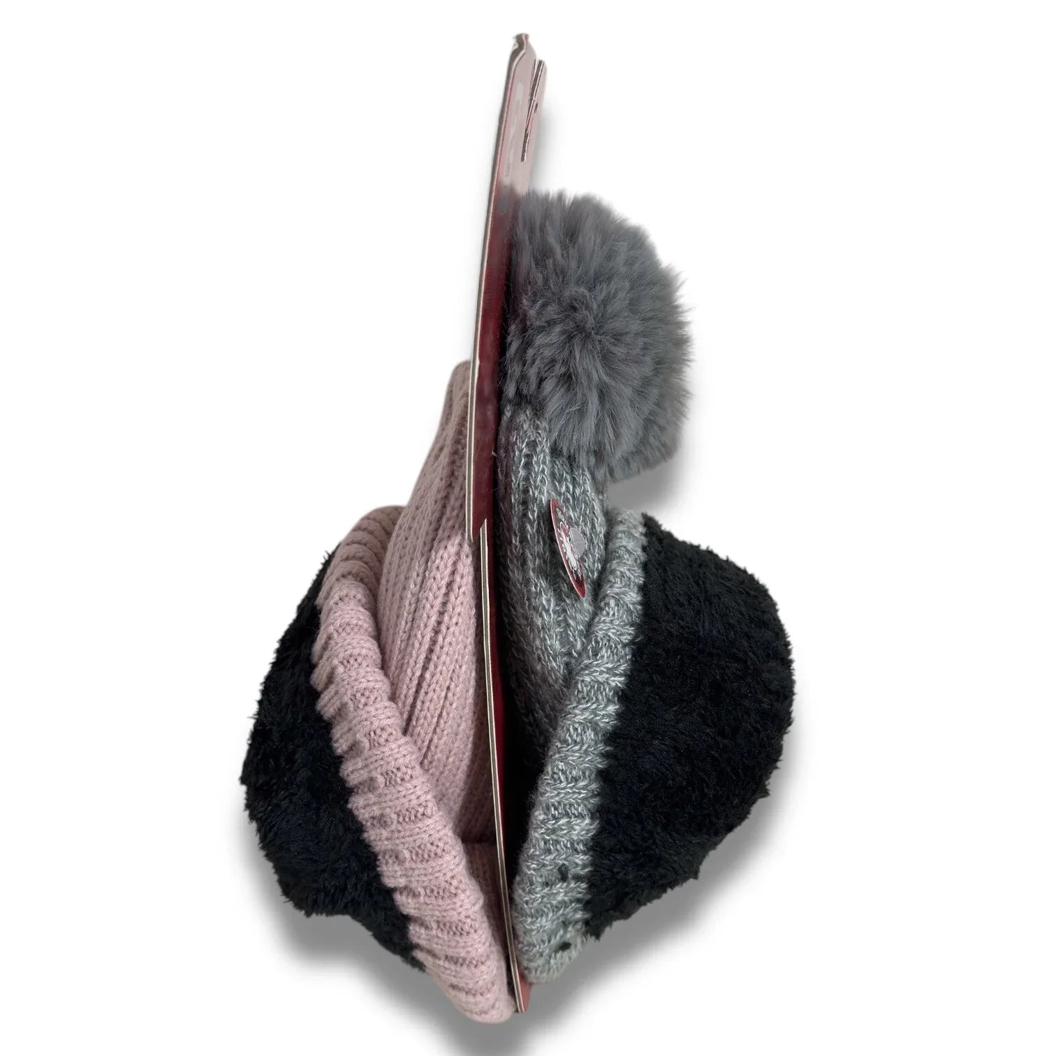 CANADA WEATHER GEAR WARM THERMAL PLUSH BEANIE HAT 2 Pc SET GRAY POM POM & PINK - Trendiez U ♥ 