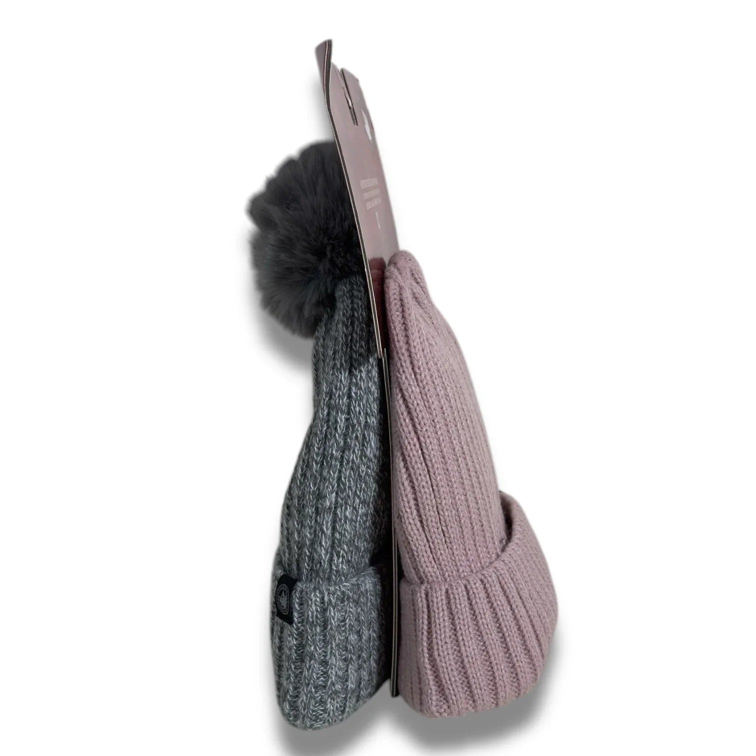 CANADA WEATHER GEAR WARM THERMAL PLUSH BEANIE HAT 2 Pc SET GRAY POM POM & PINK - Trendiez U ♥ 