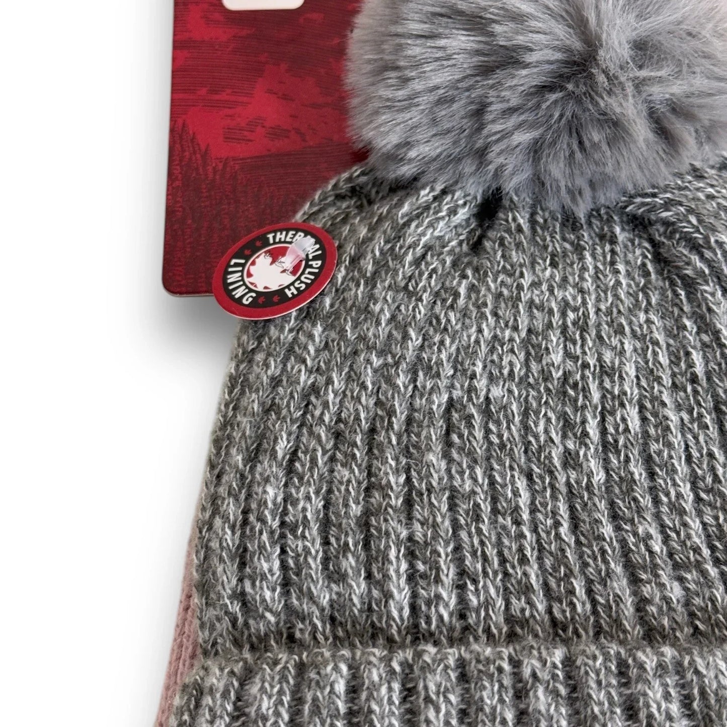 CANADA WEATHER GEAR WARM THERMAL PLUSH BEANIE HAT 2 Pc SET GRAY POM POM & PINK - Trendiez U ♥ 