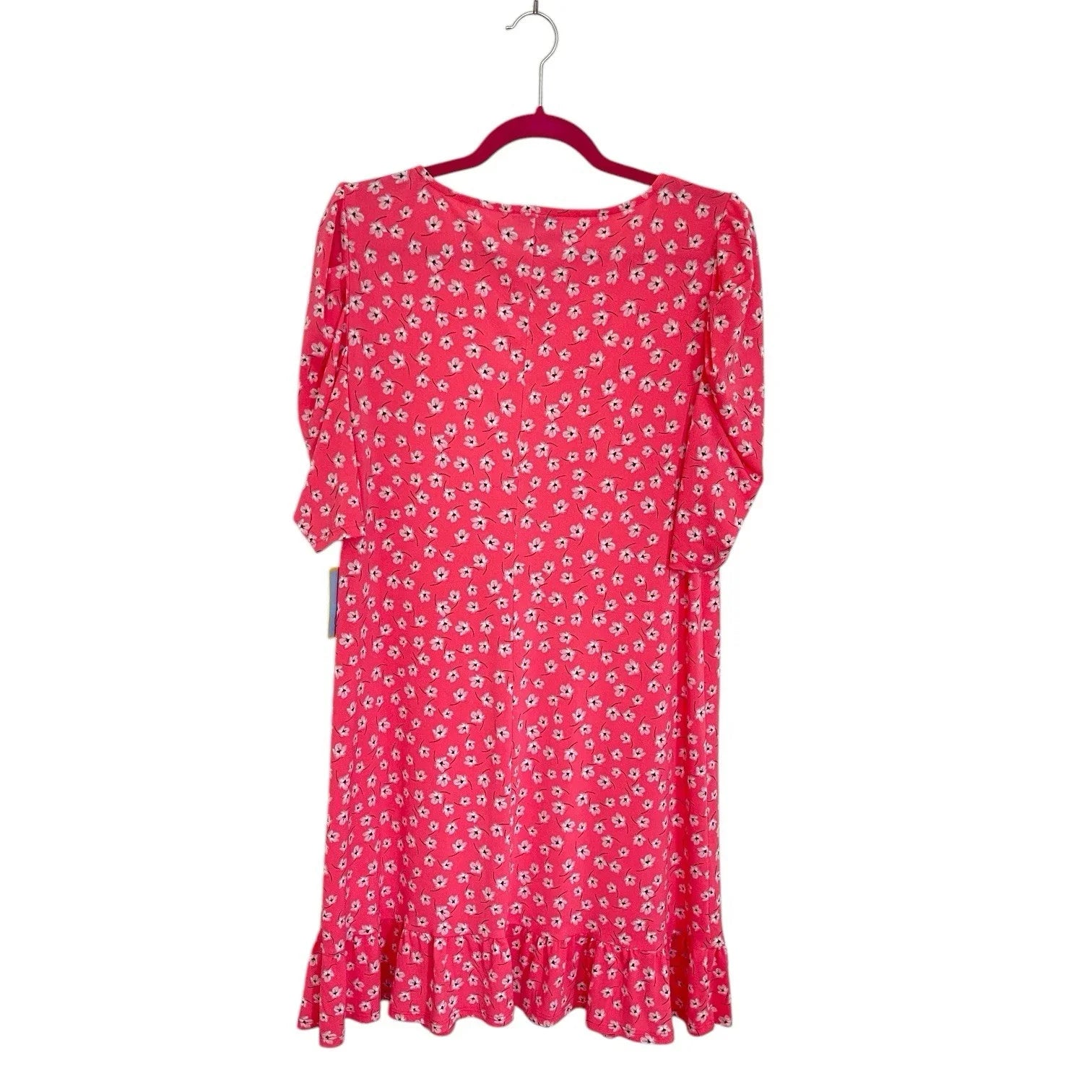 CeCe Coral Floral Puff Short Sleeve Round Neck Flutter Ruffle Dress NWT Size L - Trendiez U ♥ 