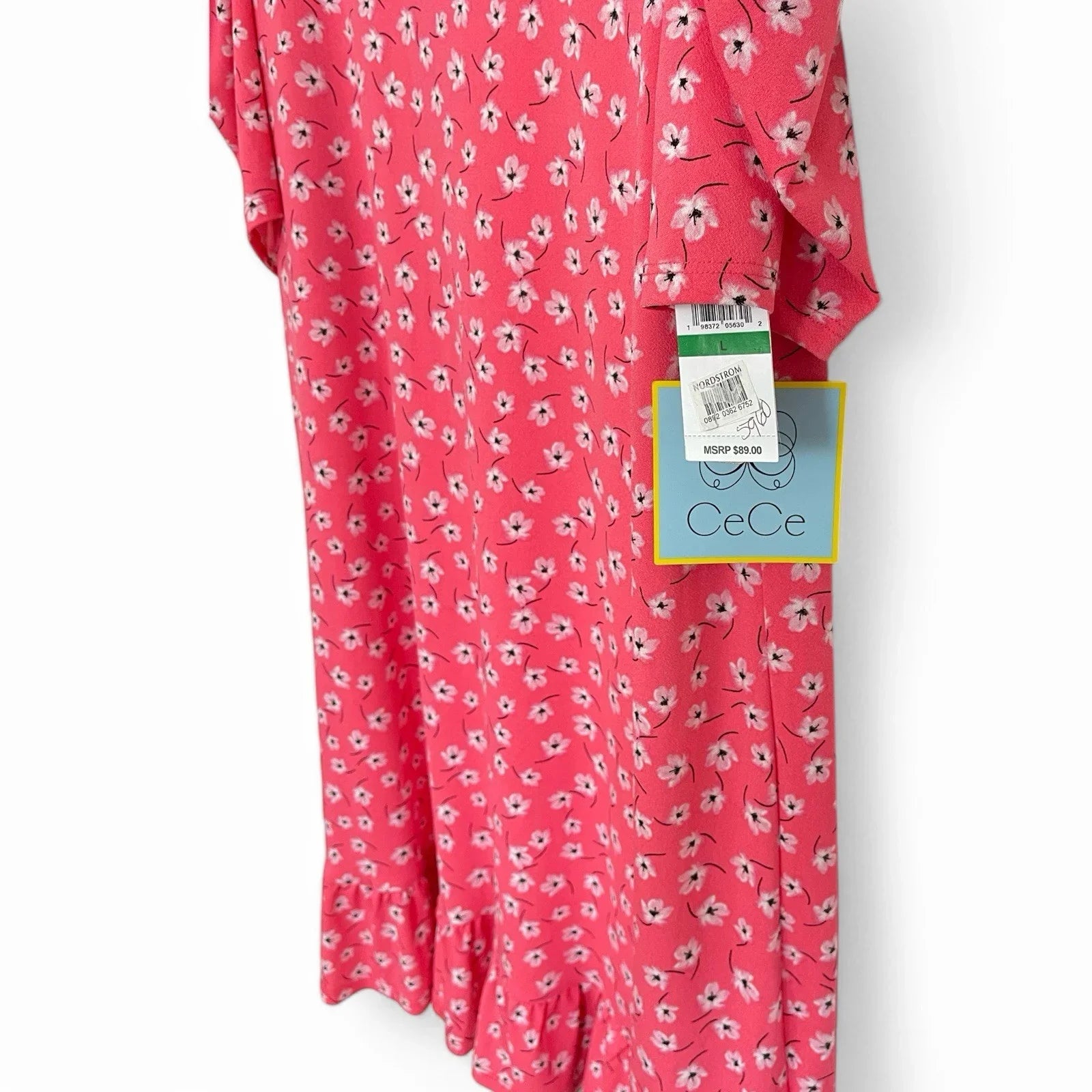 CeCe Coral Floral Puff Short Sleeve Round Neck Flutter Ruffle Dress NWT Size L - Trendiez U ♥ 