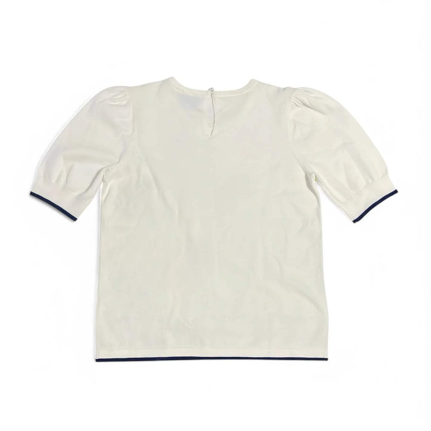 CeCe Puff Sleeve Knit Sweater Contrast Edge Cream and Classic Navy Blue Sz Small - Trendiez U ♥ 