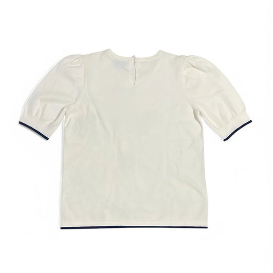 CeCe Puff Sleeve Knit Sweater Contrast Edge Cream and Classic Navy Blue Sz Small - Trendiez U ♥ 