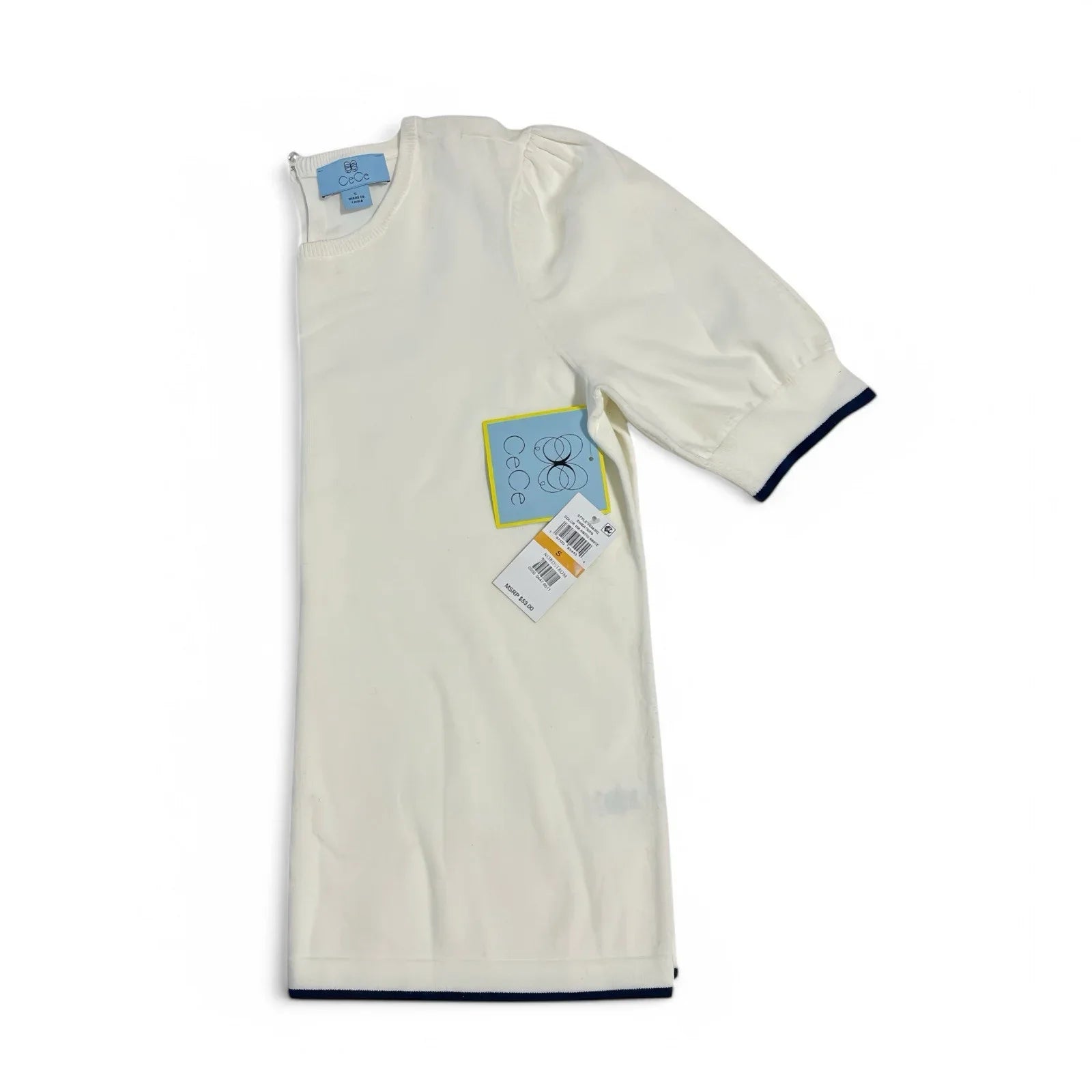 CeCe Puff Sleeve Knit Sweater Contrast Edge Cream and Classic Navy Blue Sz Small - Trendiez U ♥ 