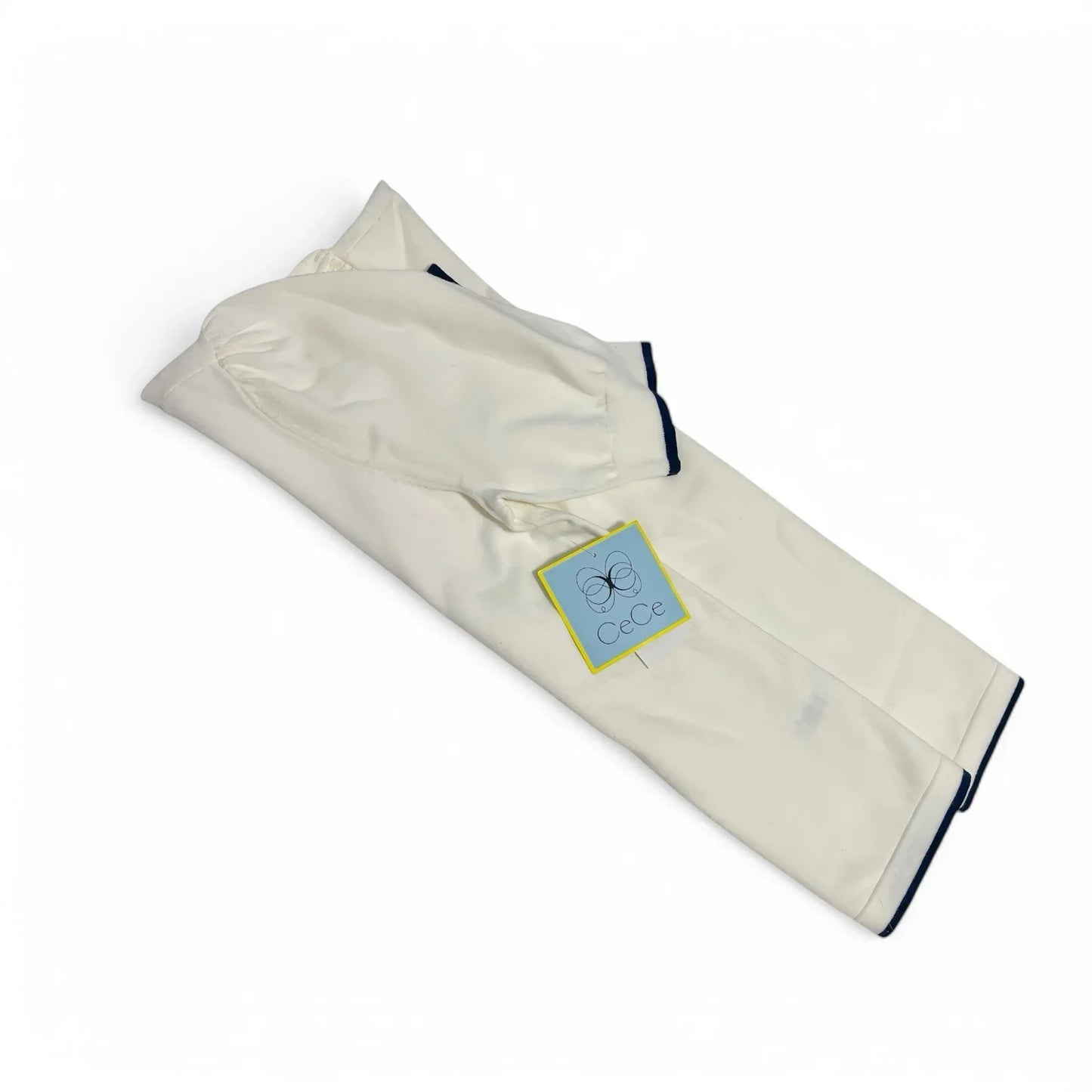 CeCe Puff Sleeve Knit Sweater Contrast Edge Cream and Classic Navy Blue Sz Small - Trendiez U ♥ 