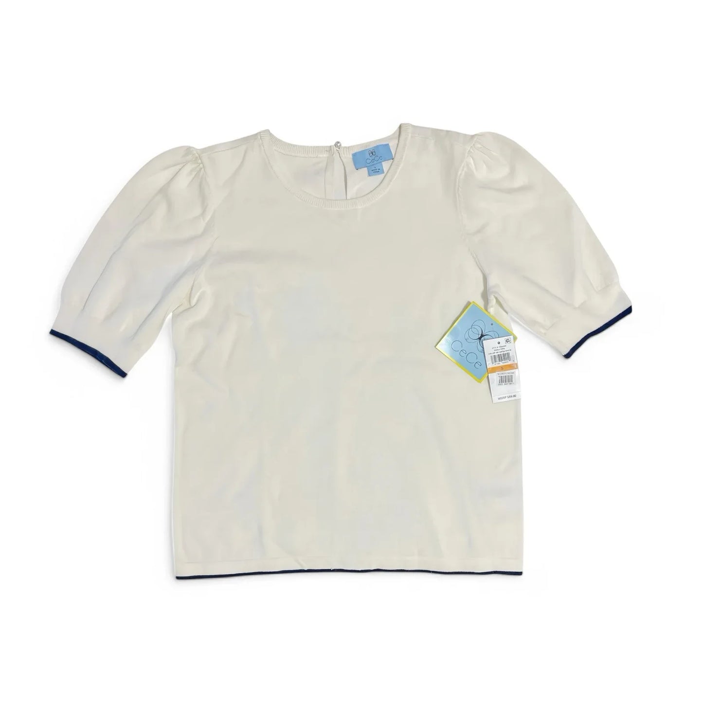 CeCe Puff Sleeve Knit Sweater Contrast Edge Cream and Classic Navy Blue Sz Small - Trendiez U ♥ 