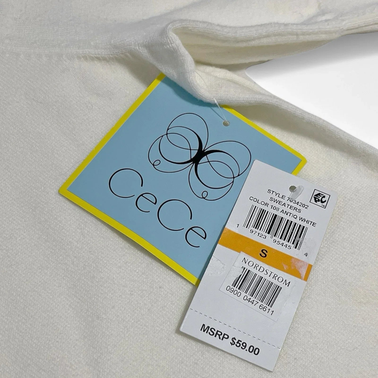 CeCe Puff Sleeve Knit Sweater Contrast Edge Cream and Classic Navy Blue Sz Small - Trendiez U ♥ 