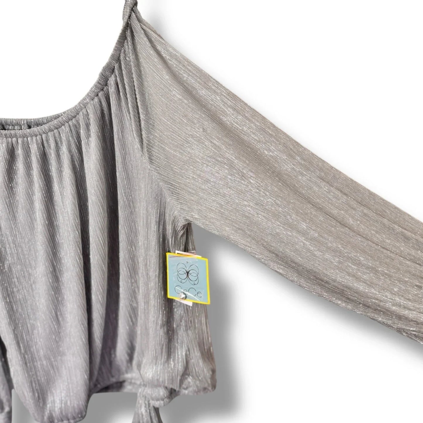 CeCe Silver Blouse Shimmer Metallic Womens Tie Bottom Off Shoulder Sz X-Large - Trendiez U ♥ 