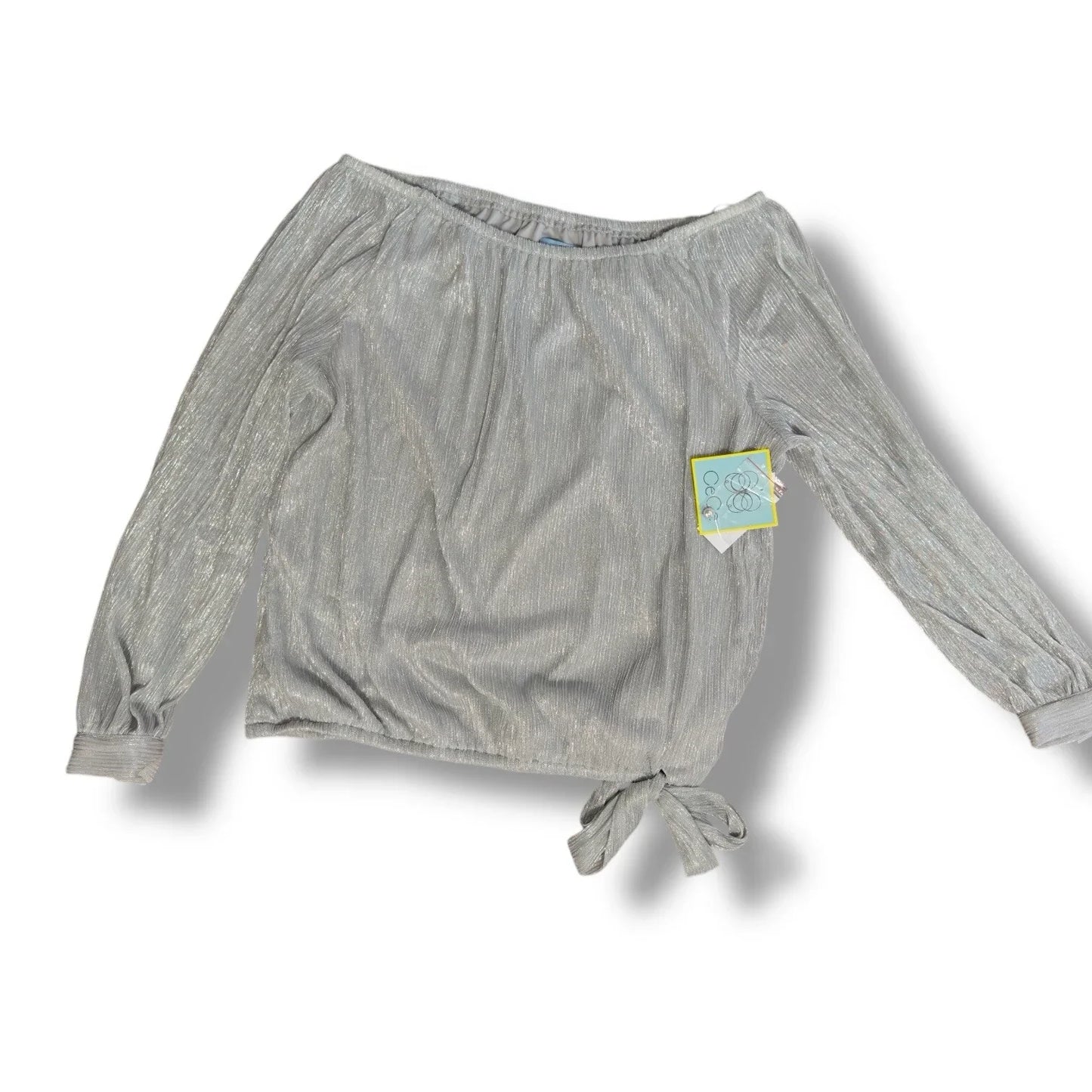 CeCe Silver Blouse Shimmer Metallic Womens Tie Bottom Off Shoulder Sz X-Large - Trendiez U ♥ 