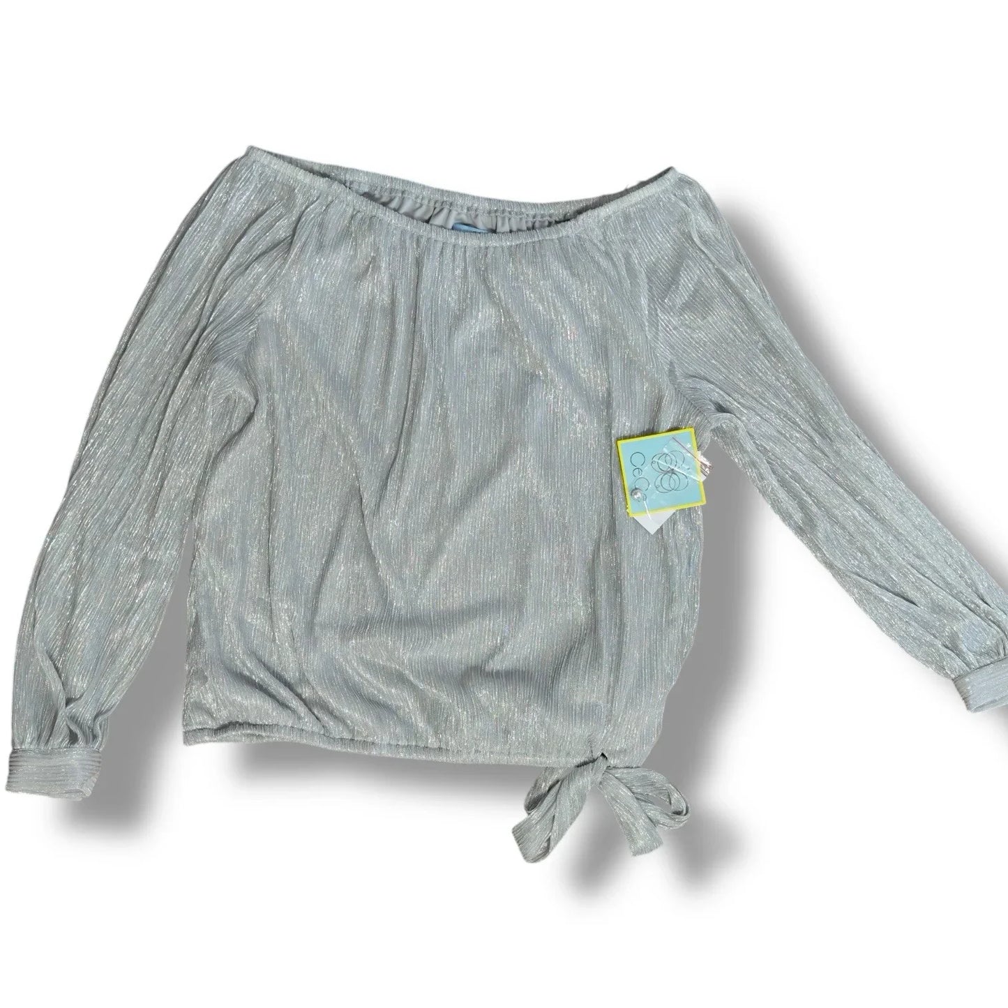 CeCe Silver Blouse Shimmer Metallic Womens Tie Bottom Off Shoulder Sz X-Large - Trendiez U ♥ 