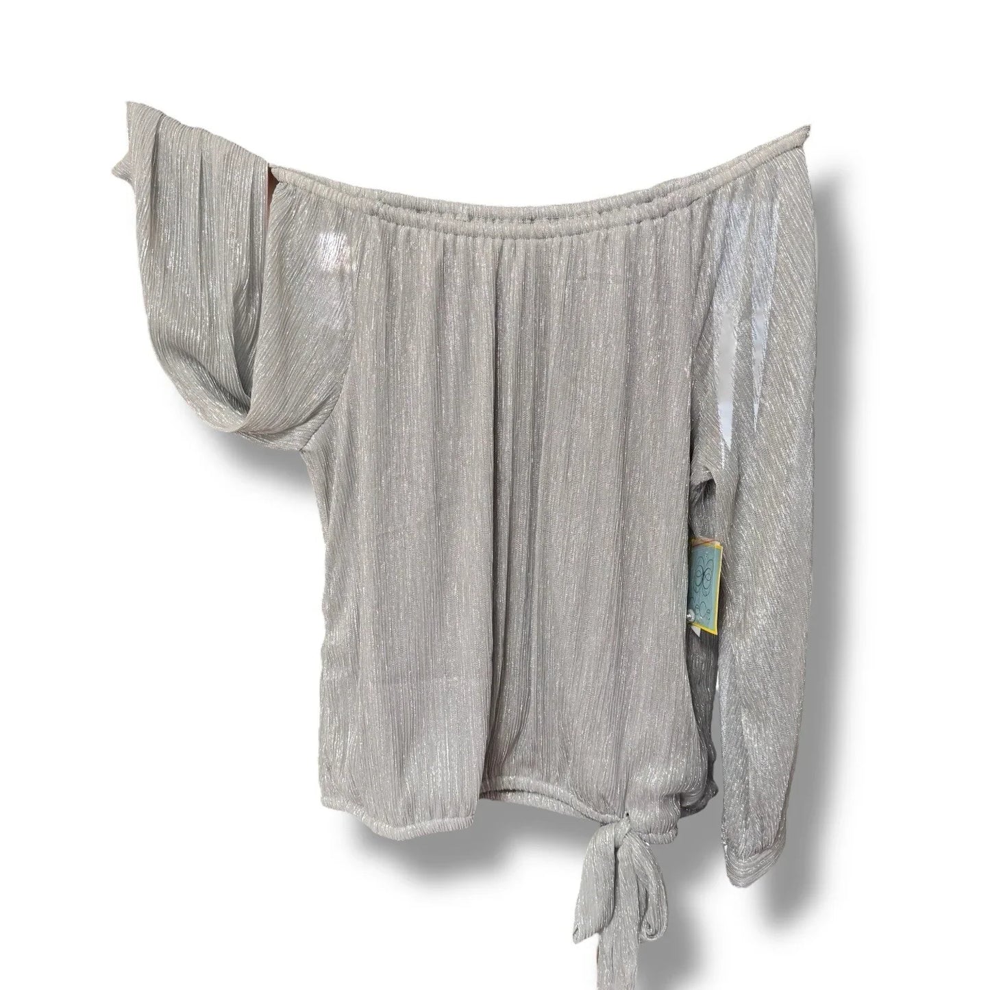 CeCe Silver Blouse Shimmer Metallic Womens Tie Bottom Off Shoulder Sz X-Large - Trendiez U ♥ 