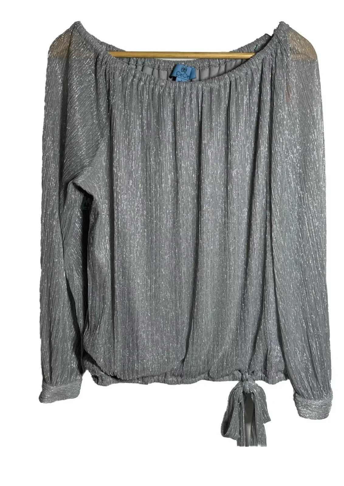 CeCe Silver Blouse Shimmer Metallic Womens Tie Bottom Off Shoulder Sz X-Large - Trendiez U ♥ 