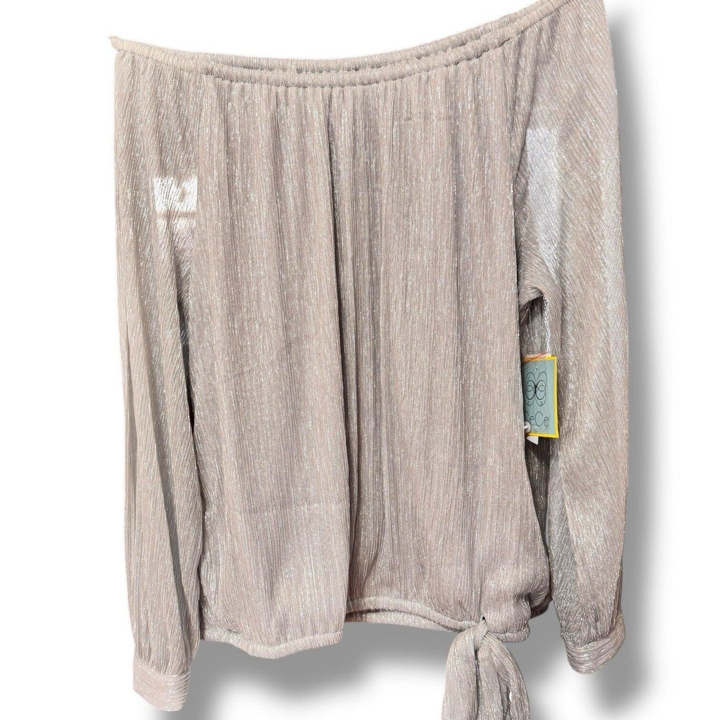 CeCe Silver Blouse Shimmer Metallic Womens Tie Bottom Off Shoulder Sz X-Large - Trendiez U ♥ 