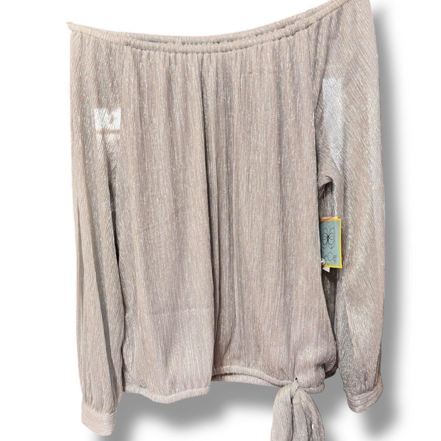 CeCe Silver Blouse Shimmer Metallic Womens Tie Bottom Off Shoulder Sz X-Large - Trendiez U ♥ 