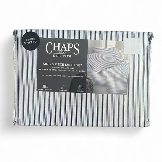 CHAPS by Ralph Lauren 6pc KING Sheet Set Blue White Stripes Preppy - Trendiez U ♥ 