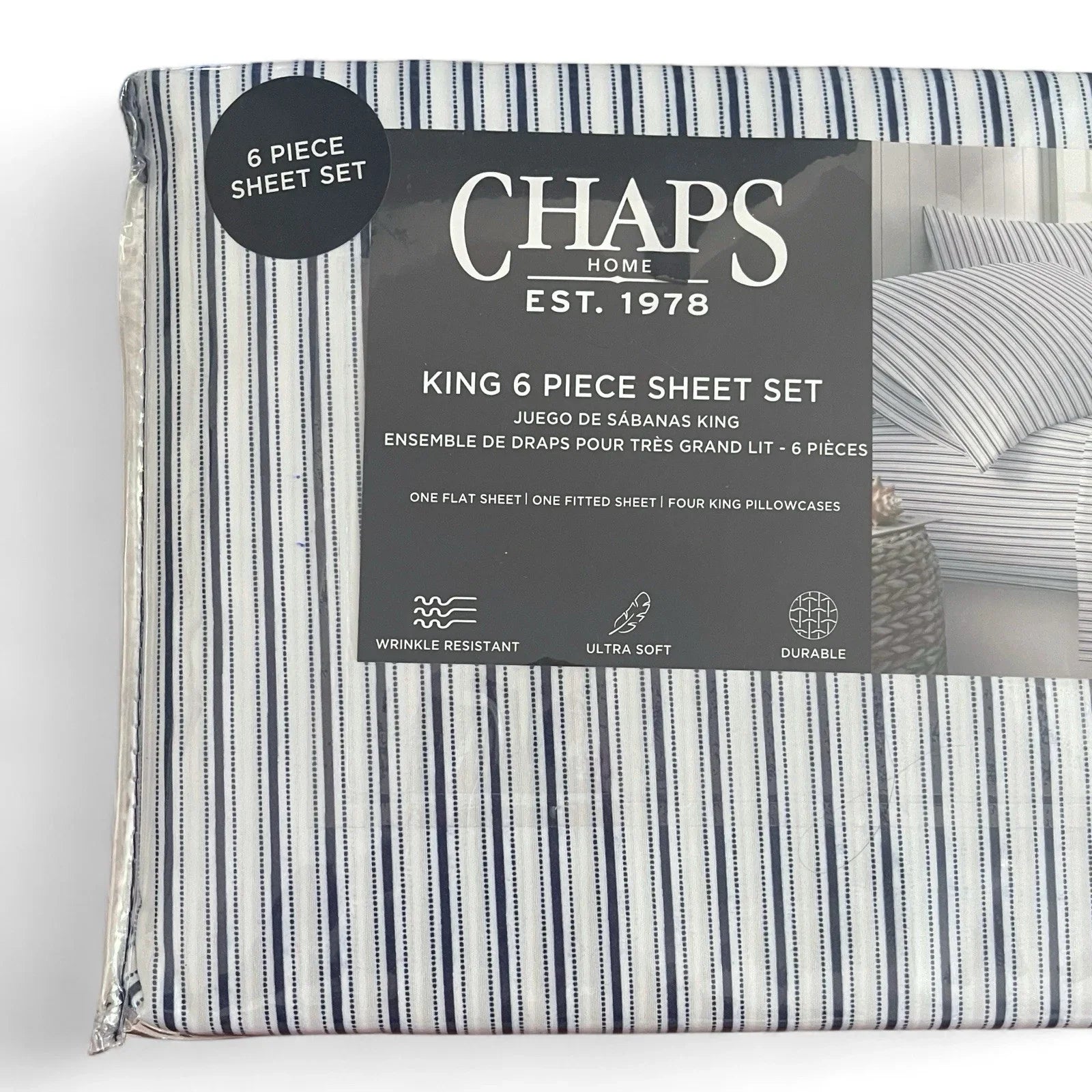 CHAPS by Ralph Lauren 6pc KING Sheet Set Blue White Stripes Preppy - Trendiez U ♥ 