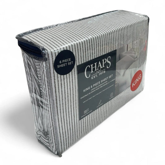 CHAPS KING Sheet Set 6PC White/Gray Striped Wrinkle Resistant Soft Classic - Trendiez U ♥ 