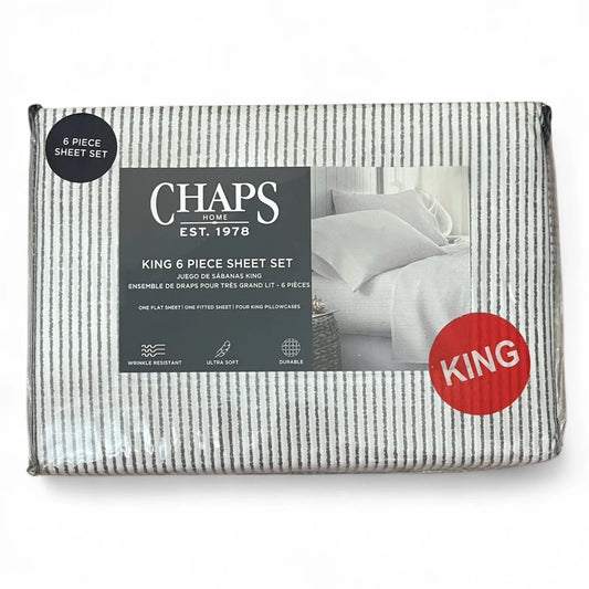 CHAPS KING Sheet Set 6PC White/Gray Striped Wrinkle Resistant Soft Classic - Trendiez U ♥ 