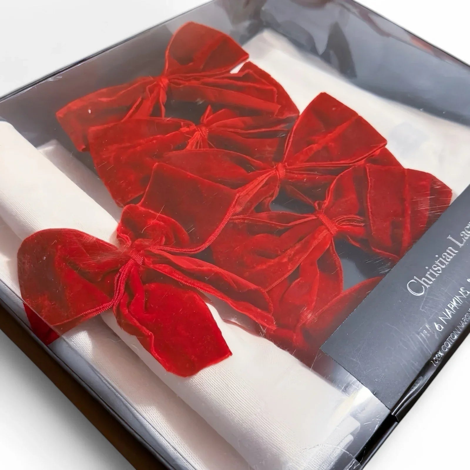 Christian Lacroix White Napkins w/ Velvet Bow Ring Set of 6 18x18” 100% Cotton - Trendiez U ♥ 