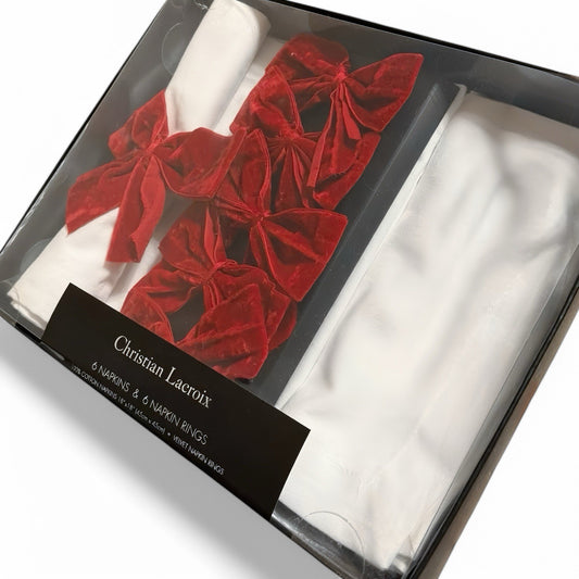Christian Lacroix White Napkins w/ Velvet Bow Ring Set of 6 18x18” 100% Cotton - Trendiez U ♥ 