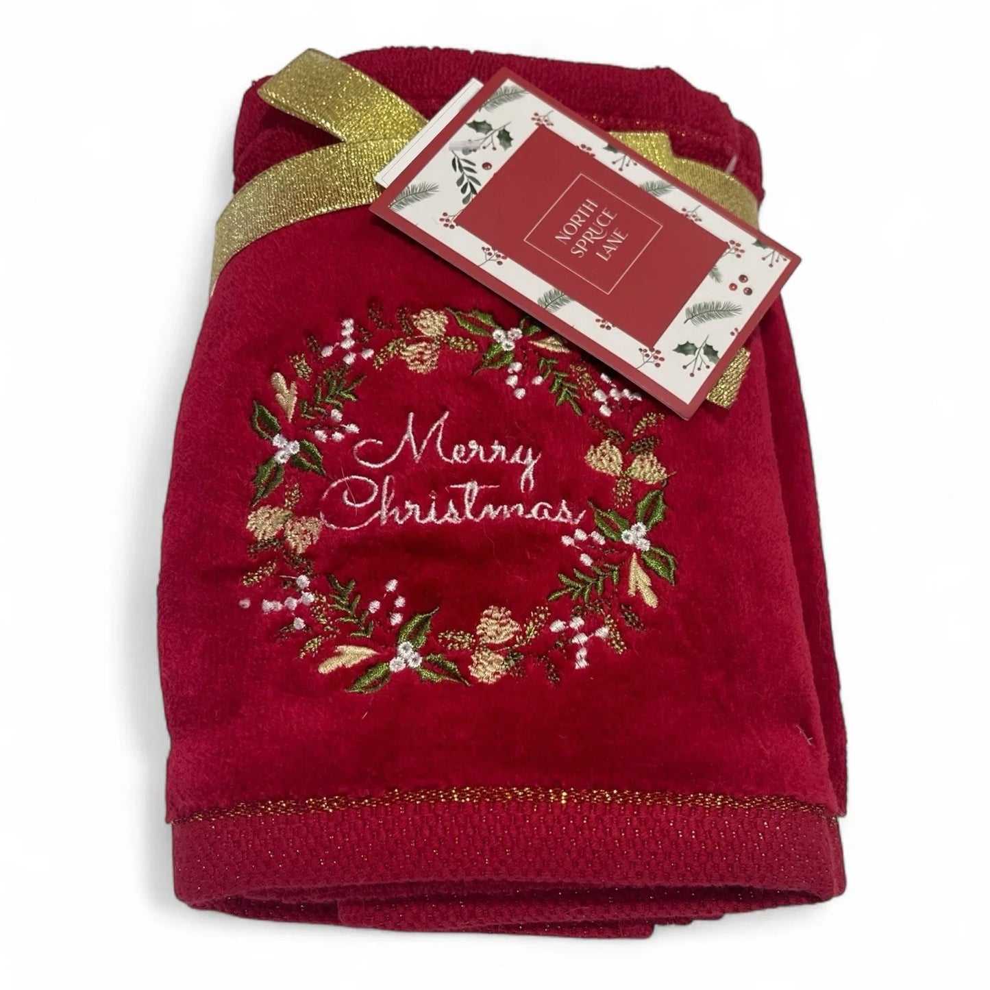Christmas Hand Towel Set 2pc Embroidered Metallic Accents Cotton Velour Holiday - Trendiez U ♥ 